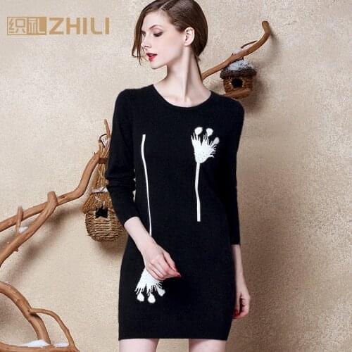 Women Pullovers 100% pure goat cashmere knit womens O-neck long dress pullover sweater Fashion Tops Standard Clothes