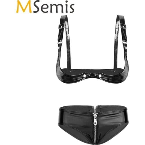 MSemis Women Leather Fetish Lingerie Set Exposed Breasts Open Cups Underwired Push Up Bra Top with G-string Erotic Underwear