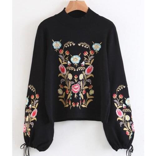 Autumn Winter Runway New Fashion Pullover 2020 Embroidery Vintage Lantern Sleeve Sweater O-Neck Loose Kintted Top Famale Clothes
