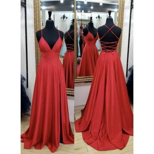 Sexy Long Red Prom Dresses with Pockets Mermaid Side Slit Criss Cross Back Custom Formal Party Dress Robe Soiree Femme