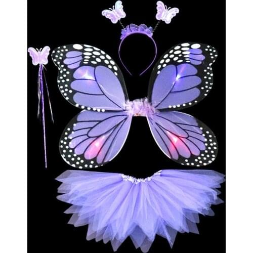 Adult Kids 4Pcs Fairy Costume Set LED Simulation Butterfly Pointed Tutu Skirt Headband Wand Princess Girls Party Dress Up