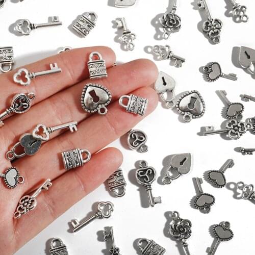 20/30pcs/lot mixed size alloy key and lock antique silver jewelry accessories and components for making bracelet and necklace