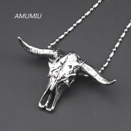 AMUMIU Bull Skull Head Stainless Steel Pendant Casting For Men Skull Necklace Cow Bossy OX Bikers Jewelry Wholesale KP003