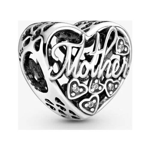 Free Shipping 925 Sterling Silver Mother & Son Script Openwork Charm Fit Original Pandora Bracelet For Women DIY Jewelry Bead