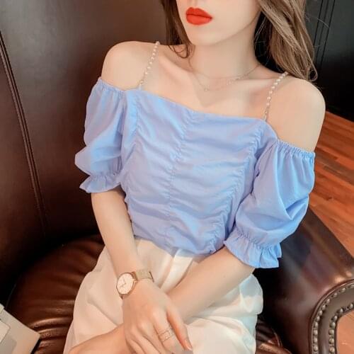 Blouse Women 2021 Summer New Sexy Elegant Pearl Chain Strap Off Shoulder Shirt Top Flared Sleeves Short Solid Color Folds Blouse