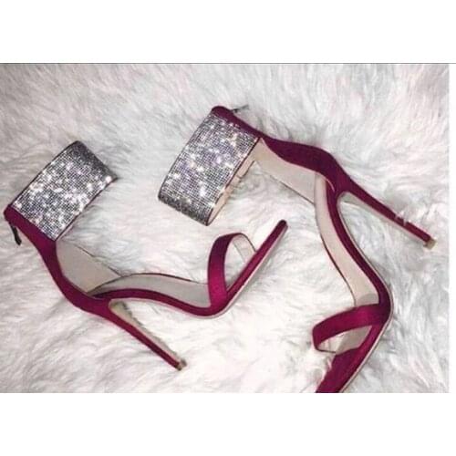 Choudory Bling Bling Crystal Ankle Strap Sandals Silver Glitter Rhinestone High Heel Pumps Magenta Satin Cloth Wedding Shoes