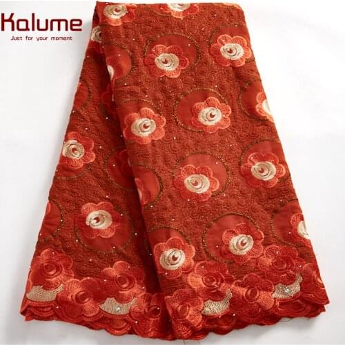 Kalume New Arrival Red African Swiss Lace Flower Nigerian Cotton Lace Fabric Embroidery Swiss Voile Stones For Diy Dress H2510