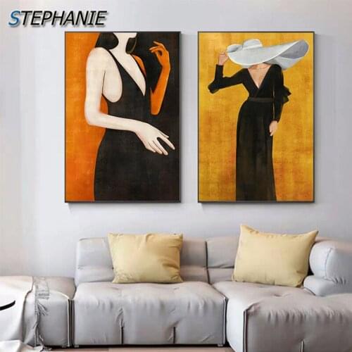 Modern Black Sling Dress Girl Canvas Painting Abstract Sexy Woman Wall Art Picture for Living Room Orange Yellow Poster n Print