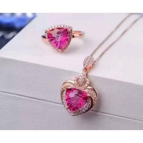 Natural pink Firework topaz Ring Pendant Natural Gemstone Jewelry Set 925 Silver Fashion Elegant triangle Women Necklace Ring
