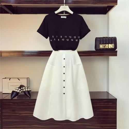 Comelsexy High Quality Women 2021 Summer Clothes Suits Letter T-shirt+high Waist Button Skirts 2pcs Clothing Set