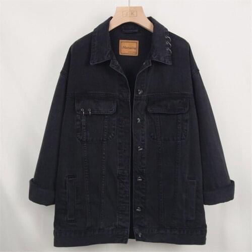 Harajuku Black Denim Jacket Women Casual Loose Mid Long Jeans Jacket Female Long sleeve Denim Coat Outerwear Student Streetwear