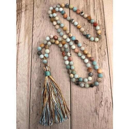 Matte Amazonite Bead Necklace 108 Mala Beads Necklace Hand Knotted Meditation Jewelry Long Silk Tassel Yoga Mala Jewelry