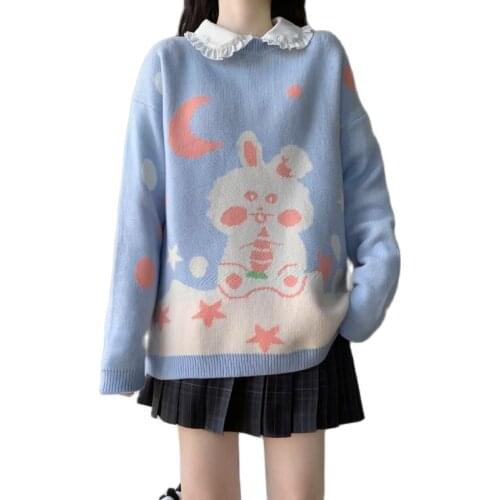 Kawaii Rabbit Print Knitted Sweater Harajuku Sweet Style Oversized Pullover Korean Fashion Cute Long Sleeve Tops Schoolgirl