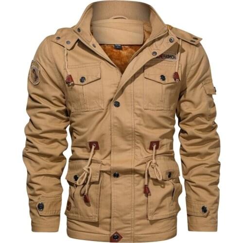 Mens Winter Leisure Warm Thickened Fleece Bomber Jacket Mens Military Cotton Jacket Mens Workwear Hooded Windbreaker Jacket