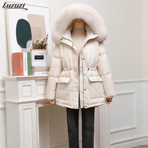 Luzuzi New Winter Women Thick Warm Large Real Fur Hooded Down Jacket 95% White Duck Down Coat Waist Retractable Parker Overcoat