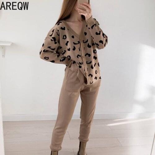 Set Autumn Winter Womens Two-piece Set of Europe New Loose Knitwear Trousers Thousand Grid Sweater Cardigan Sets