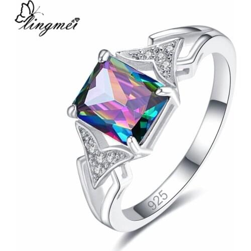 Lingmei Wholesale Luxury Fashion Jewelry Rainbow & Green & White Cubic ZirconSilver Color Ring Size 6-9 Gorgeous Party