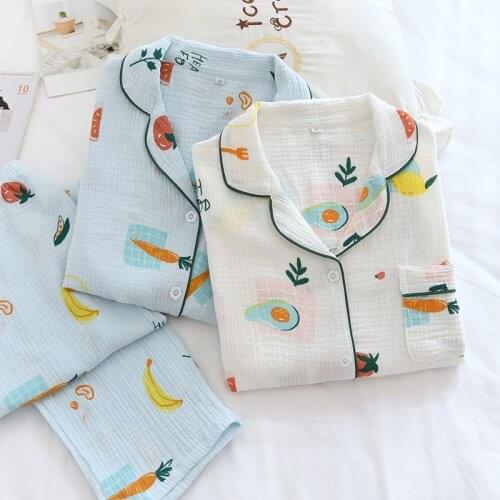Spring /Autumn Pajamas for Women Pure Cotton Crepe Soft Long Sleeve Sleepwear Thin Fresh Summer Pajamas Set for Ladies Comfort