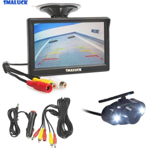 SMALUCK 5" LCD Display Rear View Car Monitor with LED Night Vision Car Camera Wire Parking Security System Kit