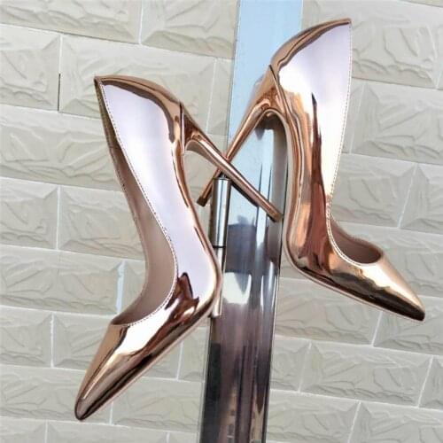 Sexy 12 cm extreme high heels shallow mirror pointed toe metal color champagne gold silver QP029 CHENSIR9