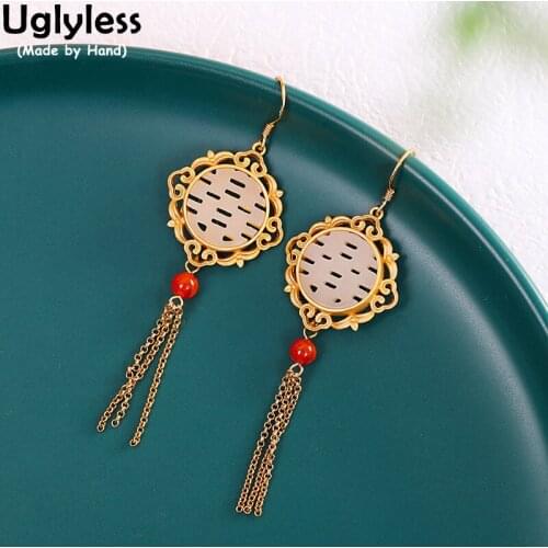 Uglyless China Beauty Double XI Ethnic Earrings for Women Best Wishes Gifts Jewelry Nature Jade Maze Earrings 925 Silver Tassels
