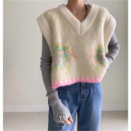 Vintage Flower Jersey Autumn Winter 2020 Korean Casual V-Neck Sleeveless Sweater Vest Female Oversized Knit Gilet YYQX08