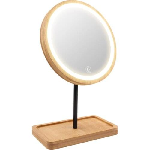 Wooden LED Makeup Mirror 3X Magnifying USB Charging Desktop Adjustable Vanity Mirror Table Touch Screen Beauty Cosmetic Mirrors