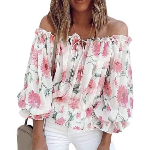 Women Summer Blouse 2021 Shirt Floral Print Puff Sleeve Blouse Off Shoulder Hollow Drawstring Top for Dating