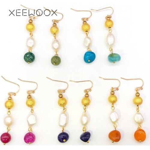 Long Drop Colorful Natural Stone Real Pearl Golden Color Metal Ball Statement Earring Woman Girl Boho XEEWOOX New Party Gift
