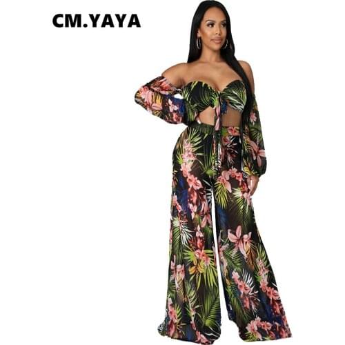 CM.YAYA Women Set Print Full Sleeve Off Shoulder Badnage Crop Tops Wide Leg Pants Two 2 Piece Sets Sexy Fashion Outfit Summer