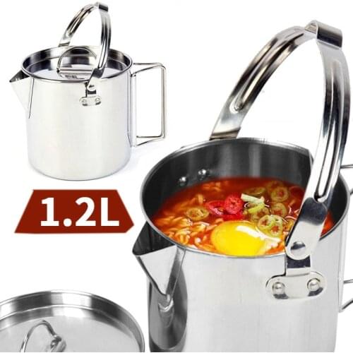 1.2L Stainless Steel Teakettles Outdoor Camp Cup Picnic Camping Pot Cooking Kettle Skillet Hiking Water Kettle Foldable Handle