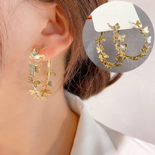 Elegant Butterfly Big Hoop Earrings For Women Teens Girls Crystal Rhinestone Round Circle Earrings Party Fashion Jewelry Gifts
