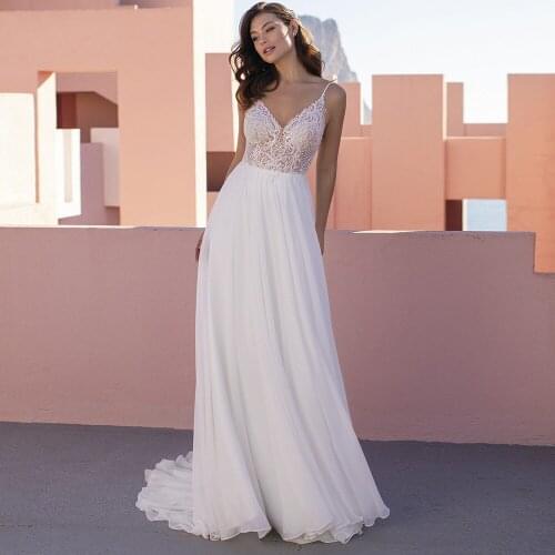 Elegant Chiffon Lace A-Line Wedding Dresses 2021 Fashion V-Neck Sleeveless Sweep Train White Backless Bridal Gowns Custom Made