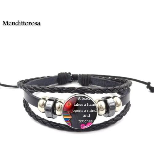 Mendittorosa 2017 Retro Style Jewelry With Glass Cabochon Black Leather Bracelet Bangle For Women Gift Letter of Teacher