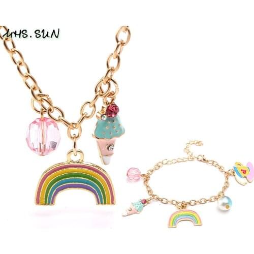 MHS.SUN Cute Rainbow Ice Cream Ball Pendants Girls Baby Chain Necklace Bracelets Set Charms Jewelry Set For Children Kids