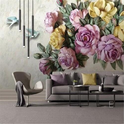 Milofi professional custom wallpaper mural European-style 3D three-dimensional relief rose flower bird background wall decoratio