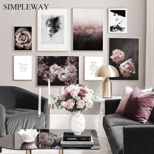 Rose Flower Canvas Wall Art Print Floral Nordic Fashion Poster Black White Woman Painting Girl Room Home Decoration Picture