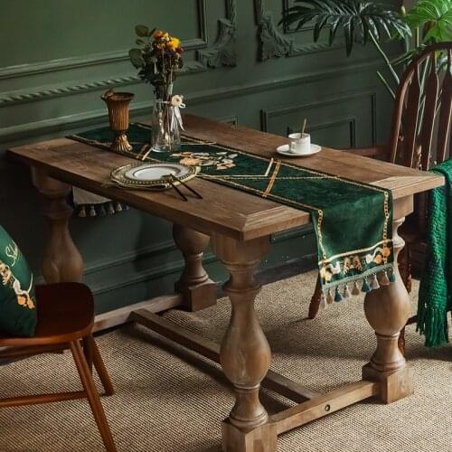 DUNXDECO Table Runner Party Desk Decor Hot Insulation Luxury Dark Green Royal Style Flowers Chenille Soft Waterproof Fabric Mat