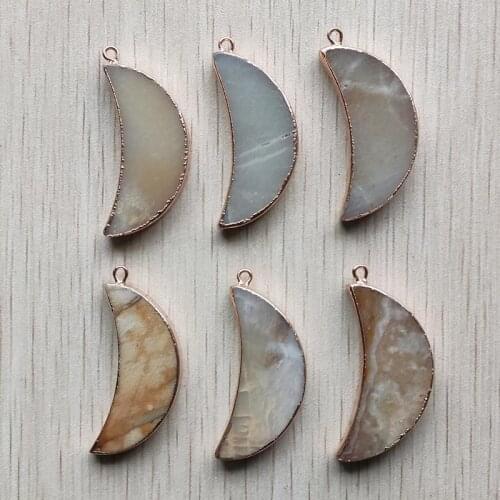 Wholesale 6pcs/lot fashion good quality natural Amazonite stone moon shape gold side pendants for jewelry making free shipping