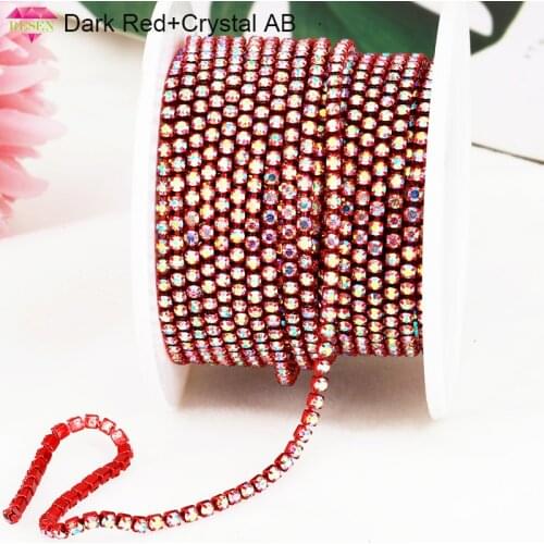 RESEN 10yards 2mm Dark Red Base Crystal AB Rhinestone Chain Trim Glass Rhinestone Cup Chain For Wedding Dress Decoration