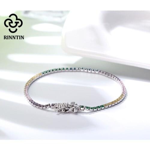 Rinntin 100% 925 Sterling Silver Infinity Women Adjustable Bracelet with Colorful AAAA Zircon Bangle Wedding Jewelry Gifts TSB62