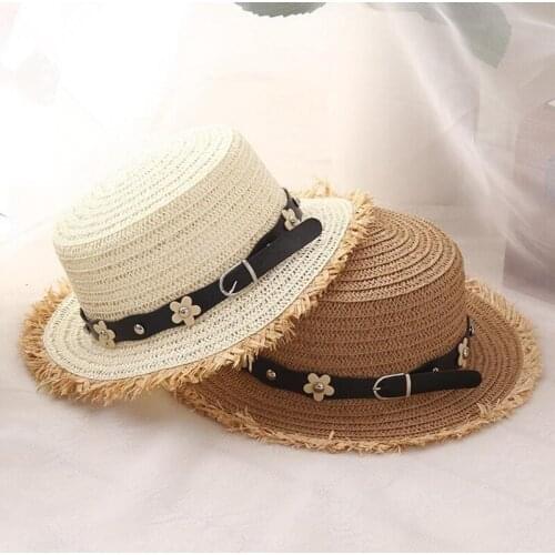 Seioum Venta caliente + Flat top sombrero de paja Verano de viaje caps ocio perla Playa Sol sombreros M carta moda transpirable