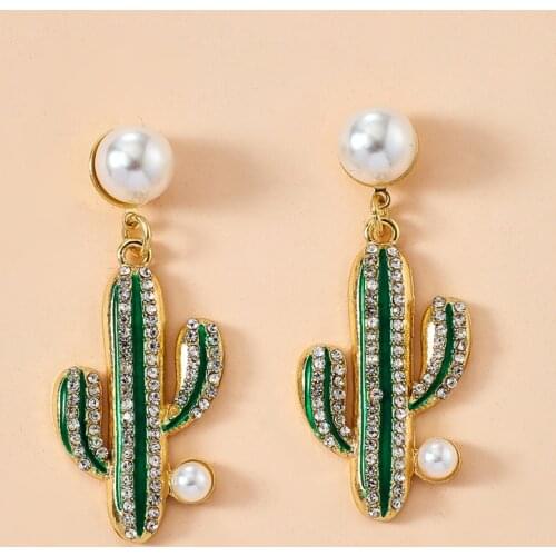 Docona Trendy Cactus Pendant Simulated Pearl Earrings for Women Girls Fashion Stud Earrings Jewelry Brincos Accessories 14364