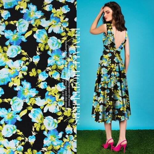 14mm blue rose flower natural silk double crepe black background summer mulberry silk silky dress shirt fabric