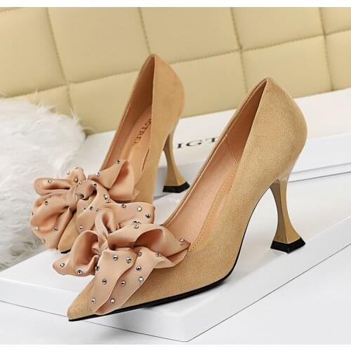 BIGTREE Bowtie Pumps Women Pointed Toe Slik Spell Color Shoes Autumn 2021 Sweet High Heel Ladies Dress Shoes Sliver Office Woman