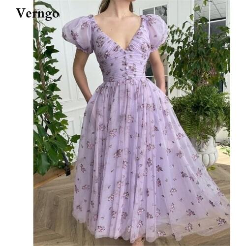 Verngo 2021 Lavender Floral Tulle A Line Prom Dresses Short Puff Sleeves V Neck Buttons Ankle Length Graduation Party Gowns