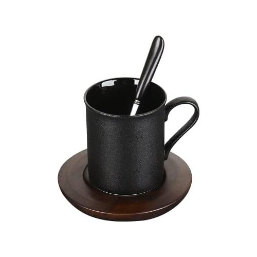 Wourmth Coffee Cup Saucer Frosted Ceramic Black Color Tea cups And Wooden Saucer High Quality Afternoon Teacup With Spoon Set