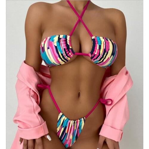 Sexy Womens Swimsuit Striped Low Cut Padded Halter Bikini Set Push Up Lace Up Split Swimwear Summer Bathing Suit Beachwear