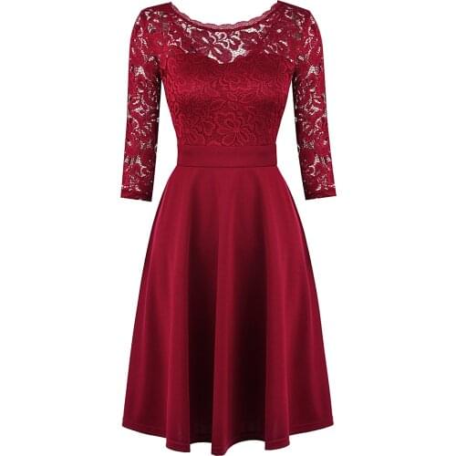 2020 Autumn Elegant Lace Dress Women High Waist A-Line OL Ladies Dress Lace 3/4 Long Sleeve Party Dresses female vestidos Blue