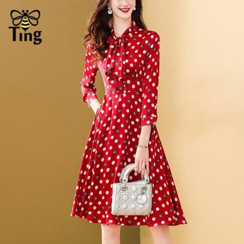 Tingfly Vintage Elegant Polka Dot Print Red A Line Women Dress Retro Bow Collar Ruched Office Lady Work Dress Knee Length Zanzea
